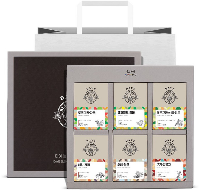 [본사직영] 다예 블렌딩 하모니 6종 티 차 선물세트 쇼핑백+로즈마리 자몽+페퍼민트 레몬+생강 계피+레몬그라스 귤 민트+우엉 연근+구기결명자, 10세트