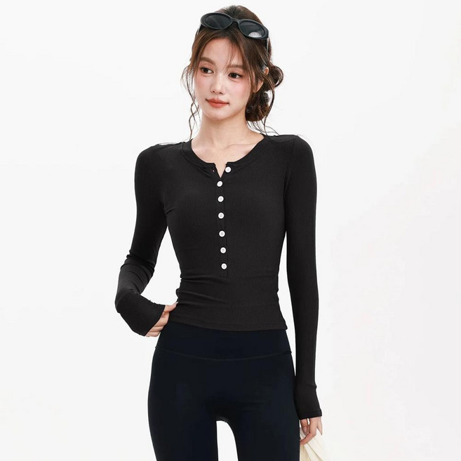 라이크라 긴팔 니트 요가 피트니스 의류 브이넥 슬리밍 필라테스 스포츠웨어 통기성 나일론, 1개, 3. 블랙 (텐셀 모달) / C. 스몰