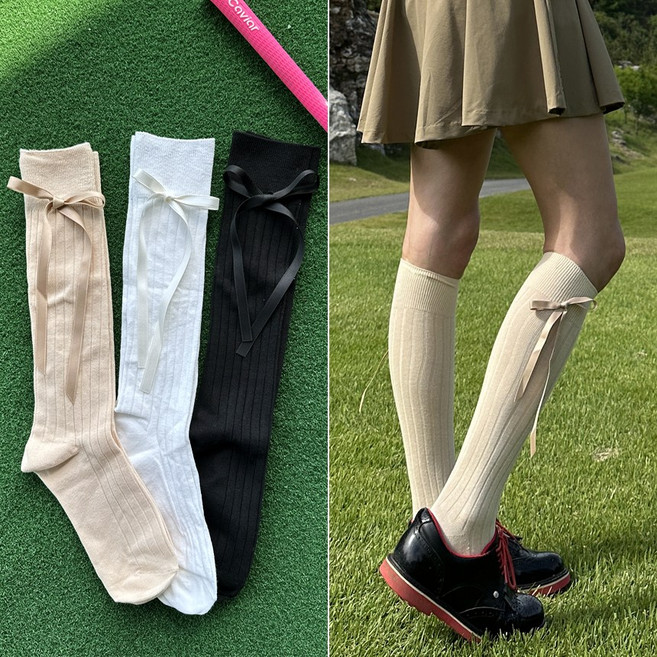 바이진주리본 옆 리본 여성 골프 무릎 반 양말 니삭스, 2. 베이지 Beige, 1개
