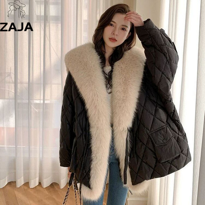 ZAJA 오버핏 겨울 빅 퍼카라 여성 하프패딩 따뜻한 점퍼