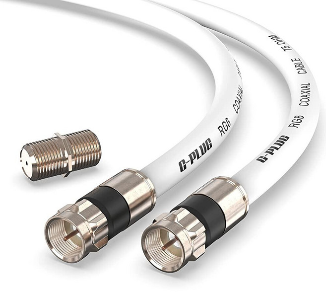 G-PLUG 3m(10피트) RG6 동축 케이블 커넥터 세트 - 고속 인터넷 광대역 및 디지털 TV 항공기 위성 케이블 연장 - 내후성 이중 고무 O링 및 압축 커넥터 화이, 100FT, White, White