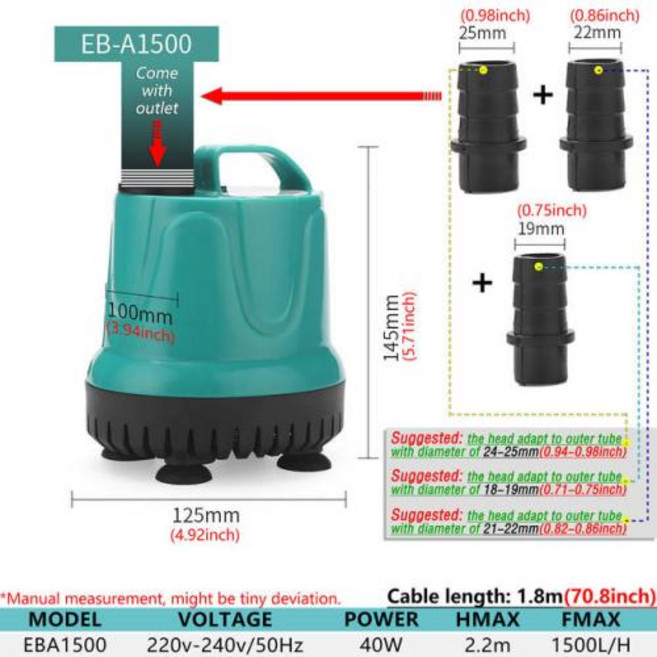 수족관용 수중모터 수중 자동 펌프 220V 잠수 할 수있는 물 펌프 에너지 절약 건조한 화재 보호 수족관 순환 바닥 흡입 연못 물고기 -EBA, 1개, 18) 40W EBA1500  US Plug