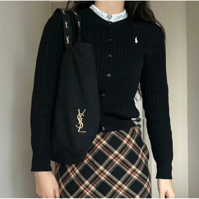 폴로랄프로랜 여성 가디건 긴팔 꽈배기 니트 블랙