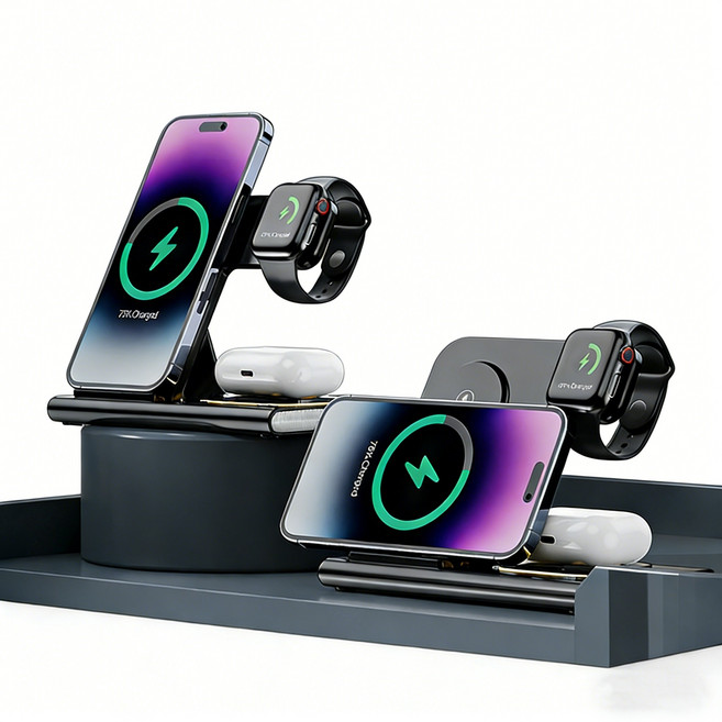 PYHO 멀티 충전기3in1 맥세이프충전기15W 고속 무선충전 스탠드 접이식 충전 트리플, 1개, 블랙