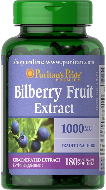 Puritans Pride Bilberry 1000 Mg 퓨리탄프라이드 빌베리 추출물 1000mg 180소프트젤 2팩, 2개, 180정 - 쿠팡
