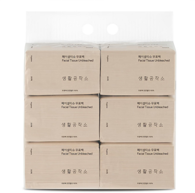 생활공작소 페이셜 무표백 천연펄프 미용티슈 2겹, 250매, 6개