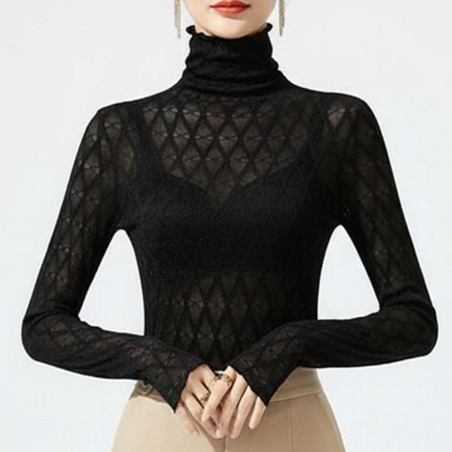 여성 시스루 레이스 하이넥 이너 긴팔 티셔츠 W819