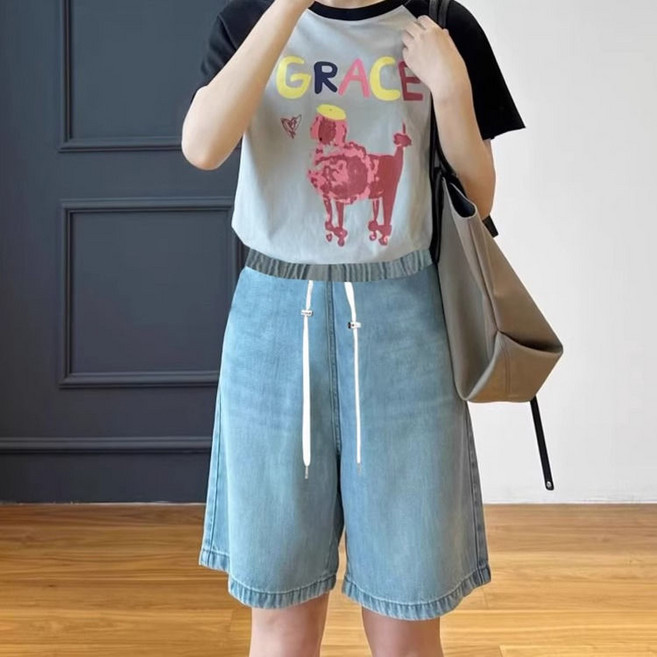 임산부 여름 청 반바지 데님 반바지 캐주얼 편안한 고무밴드 허리 5부 청바지 JS