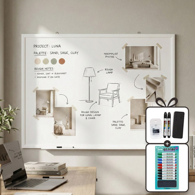 일반 화이트보드 + 칼라 콤비마카 세트, 화이트우드