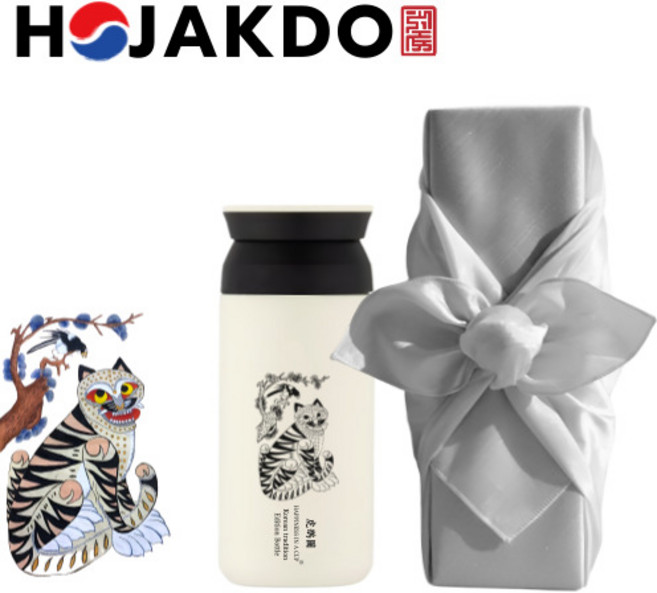 한국전통 민화 까치와 호랑이 호작도 작호도 복을 부르는 텀블러 트레블 350ml 보자기 선물포장, 1개, 크림화이트