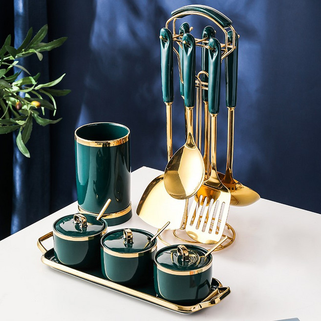 북유럽풍 컬러 그린 예쁜 원형 우드 세라믹 도자기 양념통 조미료통, E