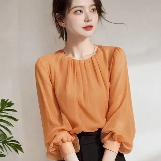 비아이와이 여성 여름 프랑스식 라운드넥 루즈핏 긴팔 쉬폰 블라우스 DH1044