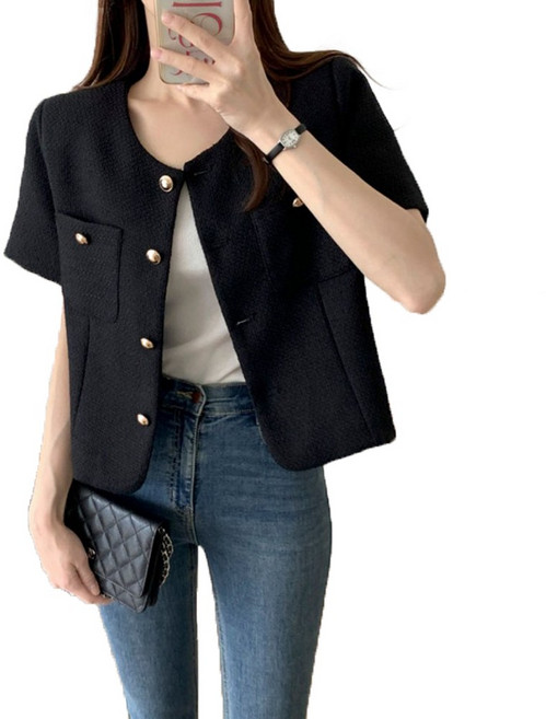 [유미르] 스윗 여성 금장 여름 반팔 트위드 자켓 - 2 color