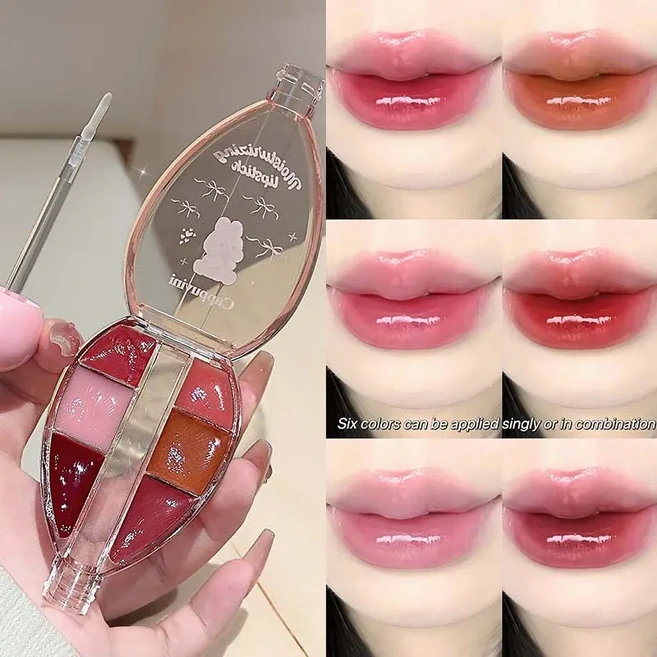 6가지 색상 콤비네이션 미러 크리스탈 젤리 립 글로스 메이크업 팔레트 모이스춰 라이징 워터 (실리콘 브러, 02 02