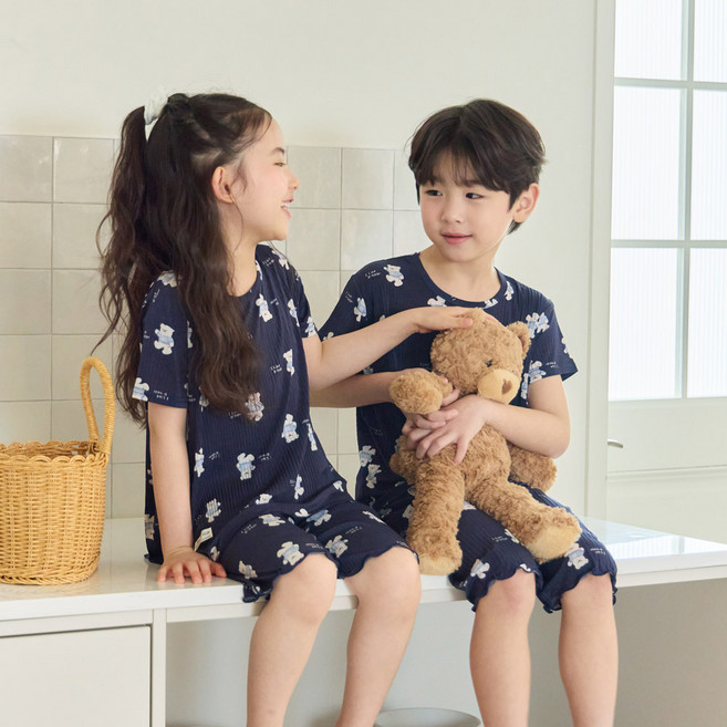 투위 여름 반팔 플리츠냉감 패밀리 가족잠옷 커플 이지웨어 아동 주니어 파자마