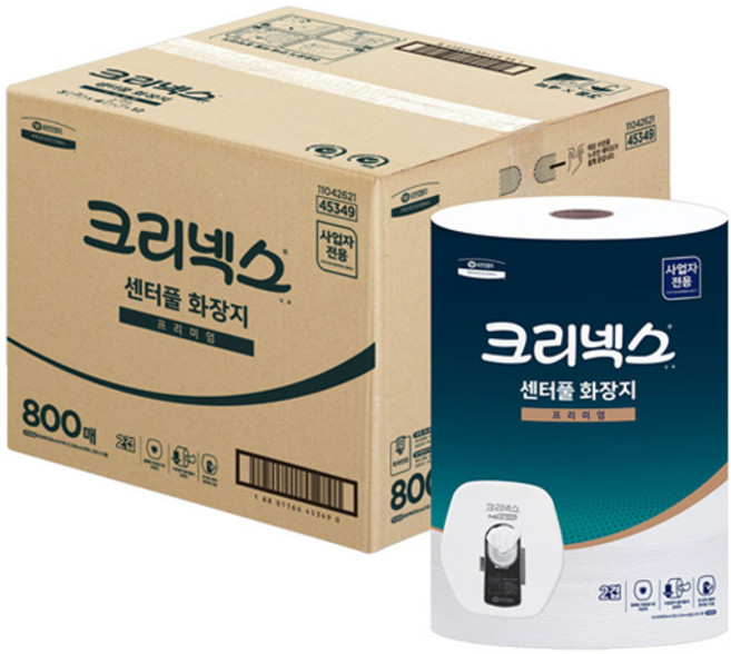 [유한킴벌리 45349] 크리넥스 점보롤 화장지 센터풀 프리미엄 티슈 800매 12롤(1박스), 1세트, 12개입, 230m