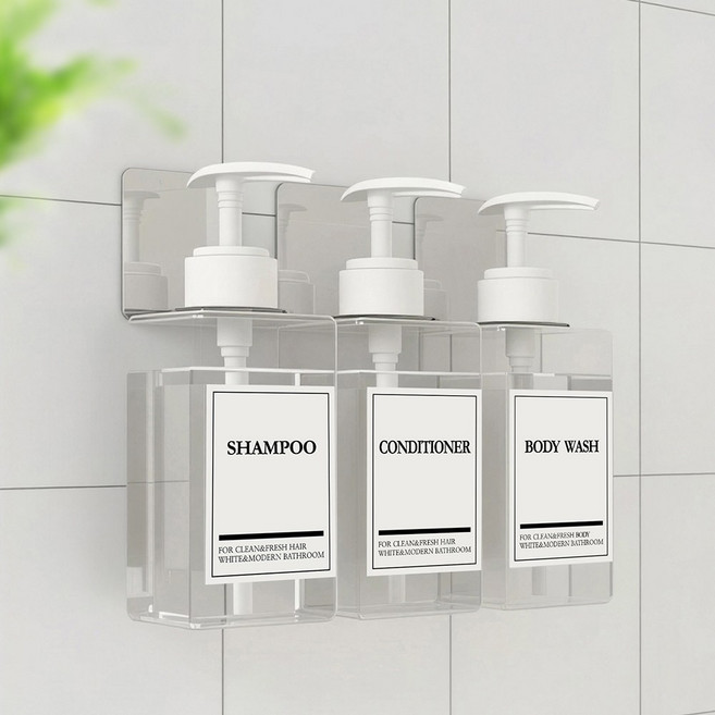 모든집 공중부양 욕실 샴푸디스펜서 304스텐후크 3종세트, 1세트, 욕실[스텐후크32+투명500/백색+영문3종]