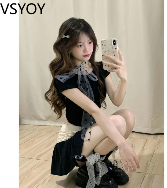 vsyoy 세트 여름 새로운 스파이스 걸스 발레 백리스 슬림 짧은 티셔츠 탑 하이 허리 스커트 트렌디 여성
