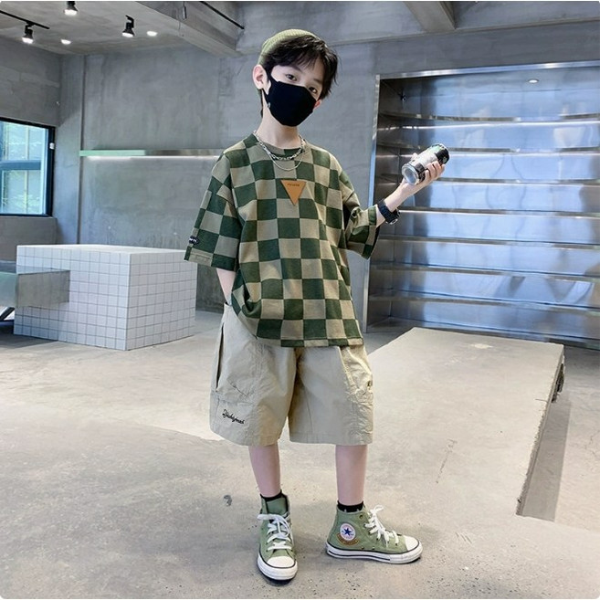 키즈목마 kid's horse 2025 봄여름 남아 세트 남아 포인트체크 반팔+반바지 세트 주니어 상하복 세트 티 카고반바지 세트 571