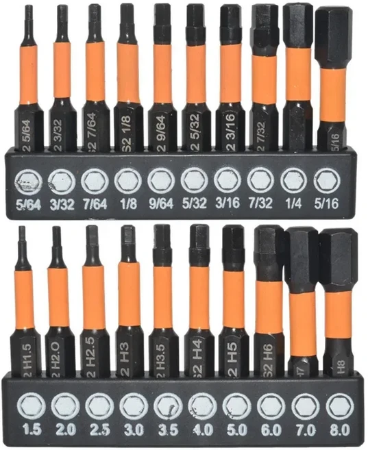 20개 임팩트 육각 헤드 알렌 렌치 드릴 비트 세트 자기 미터법 SAE 1/4" 섕크 S2 강철 CNC 가공 팁, 01 20pcs