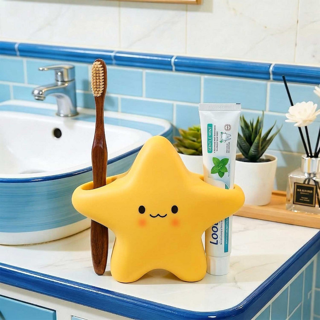 귀여운 별 모양 치약 칫솔꽂이 3구 물빠짐 칫솔거치대, 1개, 노란색