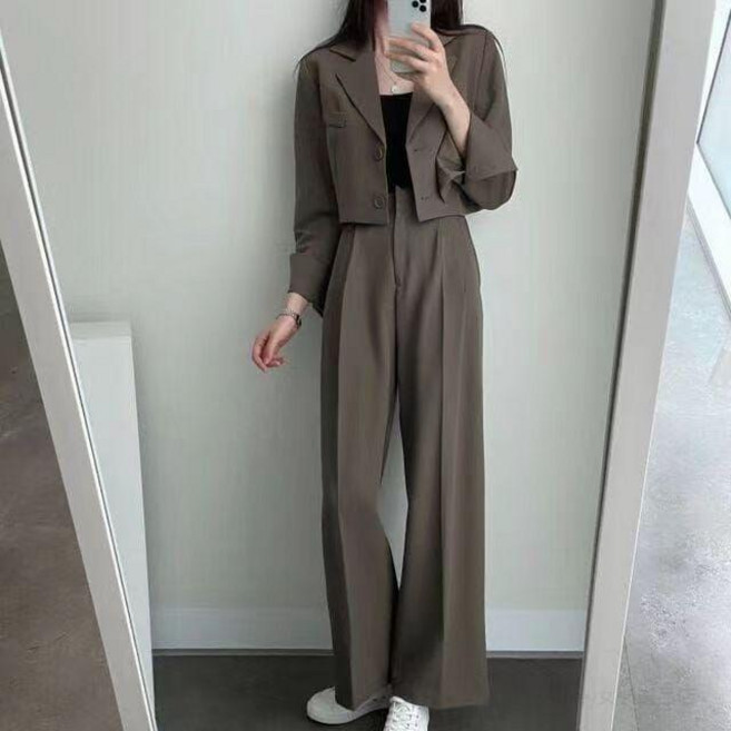 韓系復古翻領短外套 高腰闊腿西裝褲 套裝 顯瘦通勤穿搭女