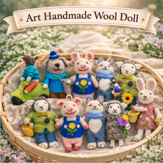 토브몰 핸드메이드 양모 펠트 동물 인형 미니 소품 장식 선물 10종, 1개, 꽃을 든 토끼