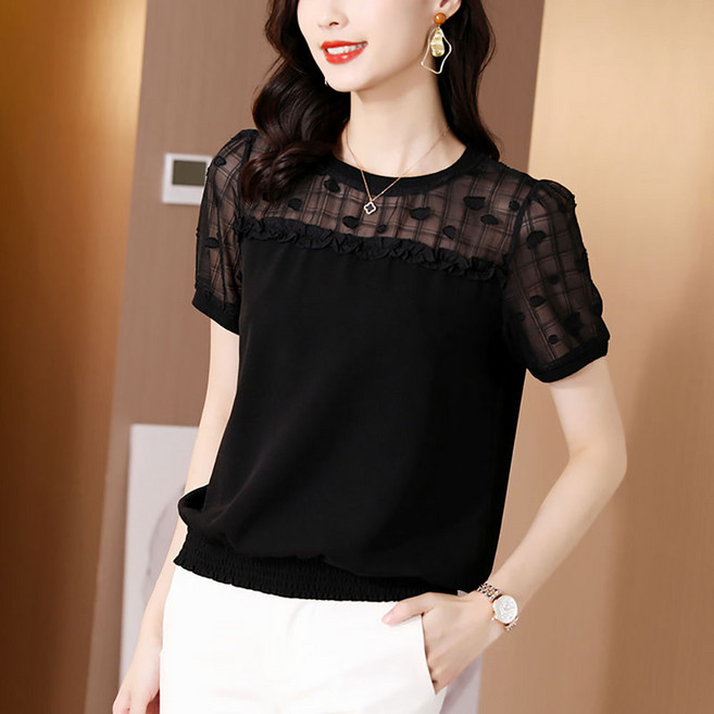 ROYALBELLE 여성 라운드넥 망사 배색 프릴 반팔 루즈핏 단색 쉬폰 블라우스 D010225006