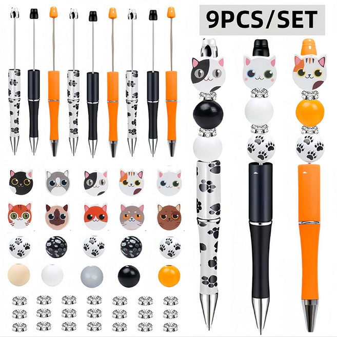토이즈데이 볼꾸 비즈 볼펜 꾸미기 세트 요즘 유행 여아 단체 선물, 1세트, 냥냥이 9pcs