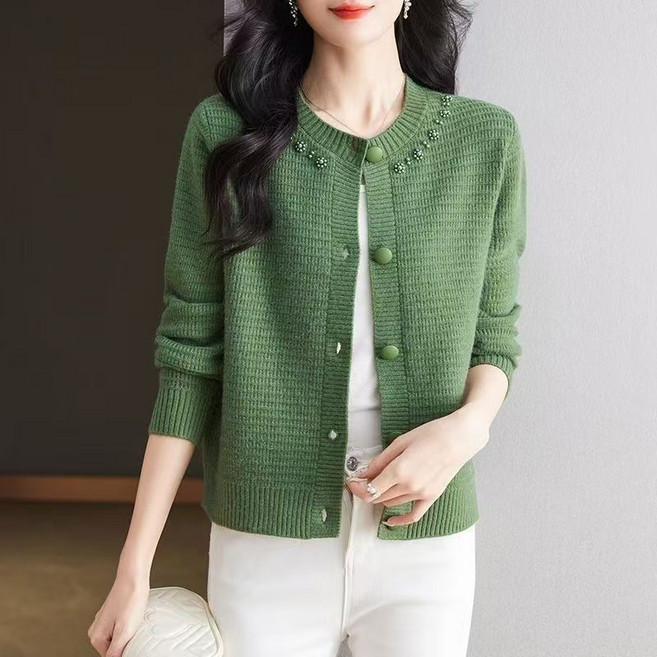 Neirny 중년 여성 니트 라운드 가디건 스웨터 루즈핏 엄마옷 빅사이즈 긴팔 상의