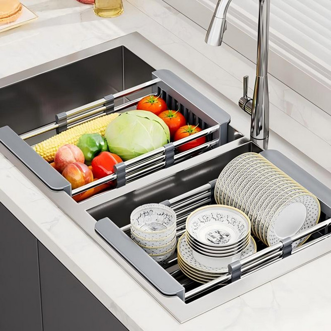 LY 스테인리스스틸 식기건조대 길이조절식 싱크대거치대 과일야채세척, 1개, 회색 신축 설거지건조대, 1단
