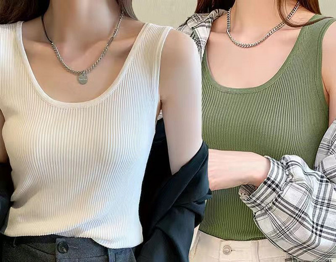 1+1 여성 여름 나시 티셔츠 슬림핏 민소매 상의 심플 아이스 U넥 나시티 캐주얼 데일리 나시 티셔츠 투피스 빅사이즈 ZZL