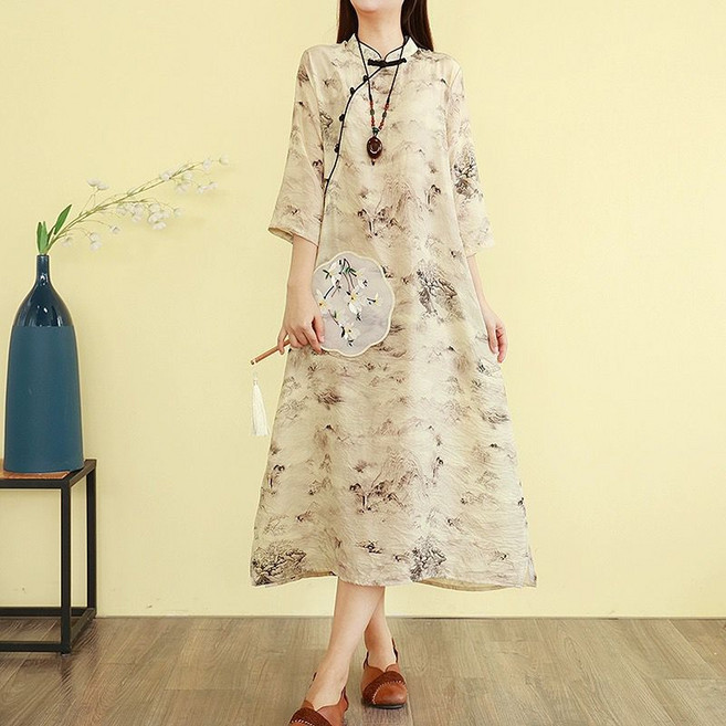 WPUY 여성 개량한복 플라워 프린트 린넨 원피스 스탠드 칼라 7부 소매 롱원피스 빈티지 생활한복 단추 루즈핏 캐주얼 여름 린넨 원피스