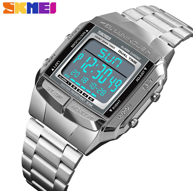 SKMEI 1381 남성 패션 캐주얼 스포츠는 아날로그 디지털 시계 2 시간 5 알람 3ATM 방수 스테인레스 스틸 다기능 스트랩 백라이트를보고