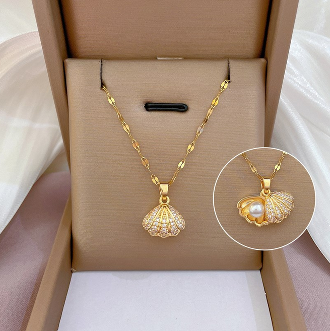 멜로이브 진주 조개 금 도금 티타늄 스틸 큐빅 여성 목걸이