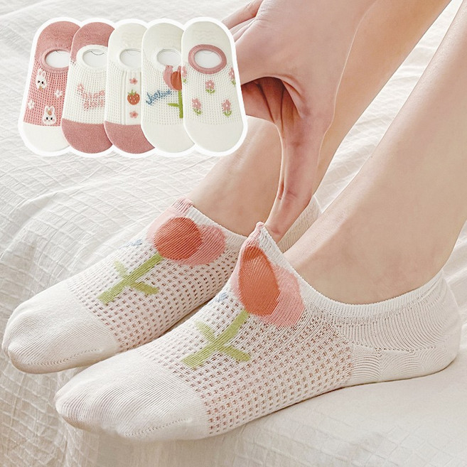 패션리더 여자 양말 세트 메쉬 토끼 딸기 스니커즈 양말 5켤레 세트
