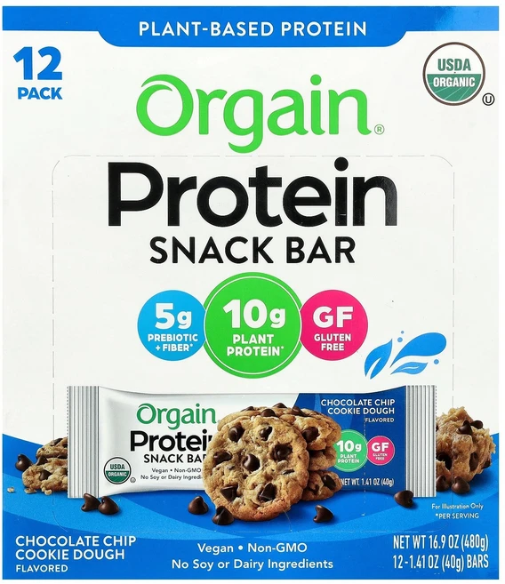 Orgain 식물성 단백질 스낵바 초콜릿 칩 쿠키 도우 12개입 각 40g(1.41온스), 120g - 쿠팡