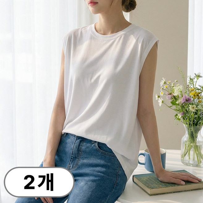 1+1스타일아유 데일리 민소매 라운드 티셔츠 여자 루즈핏 슬리브리스 이너 무지 나시 TO0132