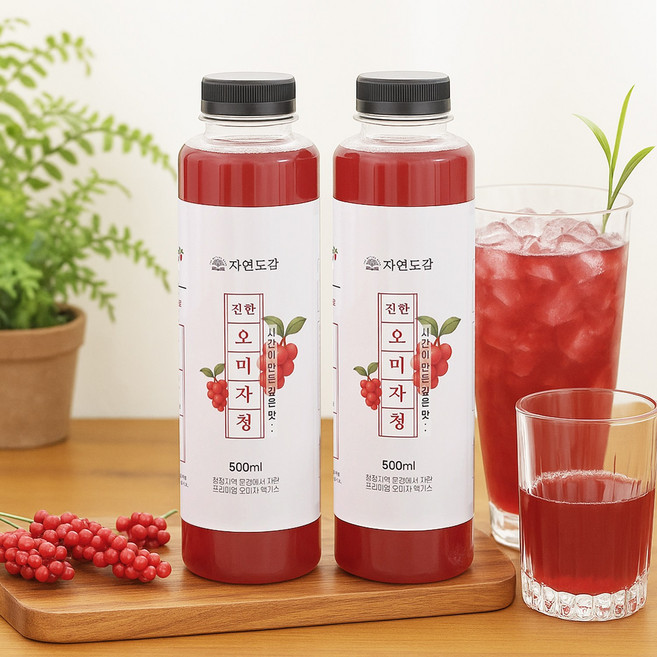 정제수 없는 진짜 원액 자연도감 오미자청 100% + 알룰로스 오미자분말 증정, 2개, 1개입, 500ml