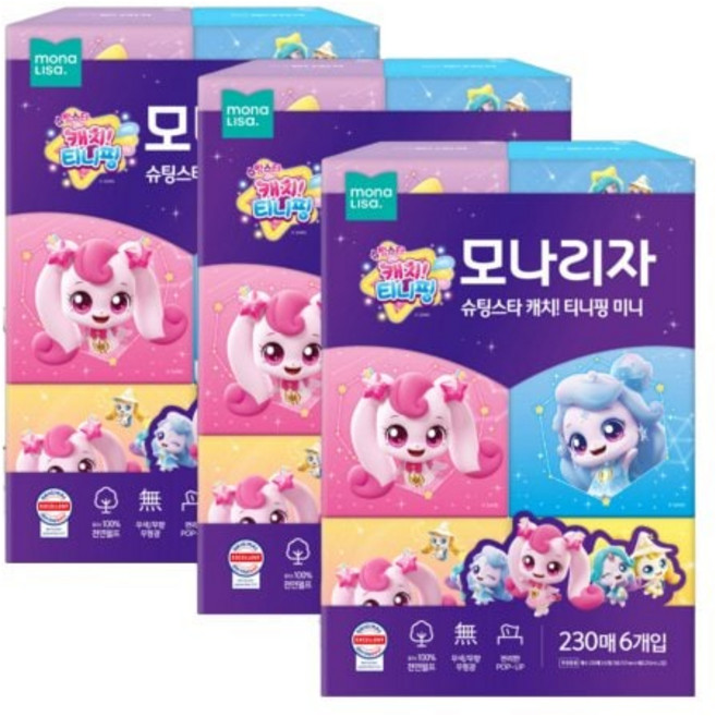 모나리자 티니핑 미니 미용티슈 230매 6입 3개 각티슈 화장지_JS 프리미엄 화장지, 모나리자 티니핑 미니 미용티슈 230매 6입 3개 각티