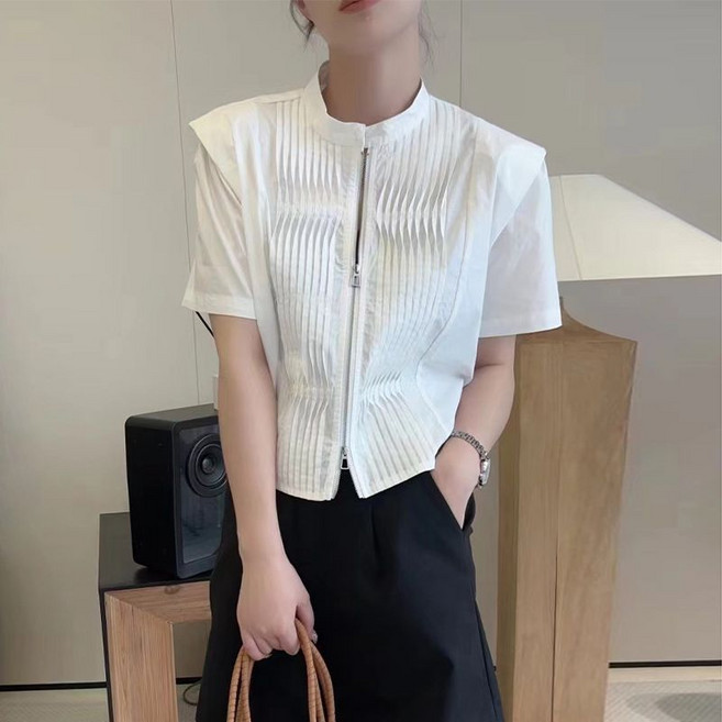 프렌치 여자 반팔 트위드 자켓 빅사이즈 셔링 디자인 반팔 블라우스 상의 여름 여성 상의 YJW