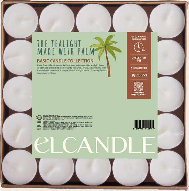 엘캔들 식물성 팜왁스 티라이트 캔들 투명 용기, 100개, 18g, 무향