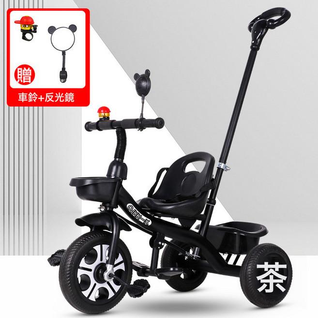 DFMEI 兒童三輪車1-3-2-6歲大號寶寶遛娃嬰兒手推車腳踏自行車幼園童車, 黑色+推把+腳蹬款:如圖
