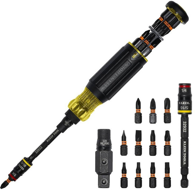 클라인 툴스 32516HD KNECT 16-in-1 임팩트 등급 하이브리드 드라이버 / 너트 드라이버 마그네틱 플립 소켓 11비트 2개 3/8인치 사각 어댑터