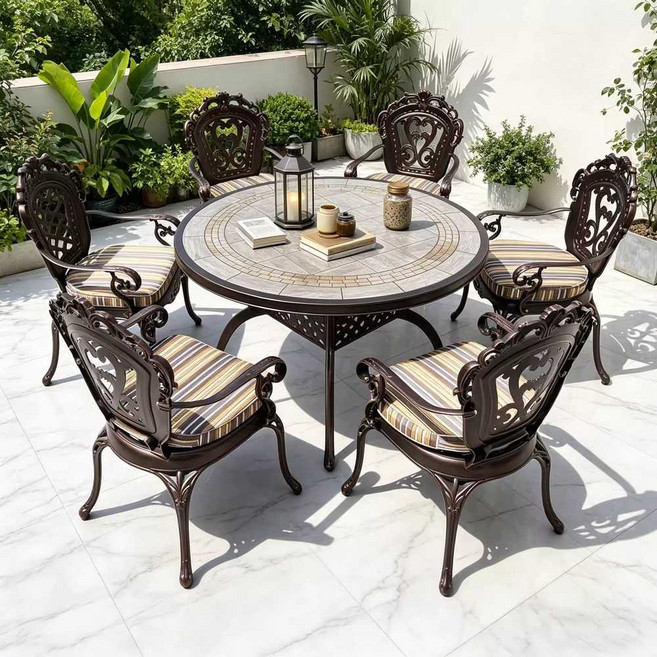 엘리아 앤틱 야외 주물 알루미늄 원형 테이블 세트 4인 6인 프리미엄 철제 북유럽 정원, 120cm 타일원형테이블 + 체크 의자 6개