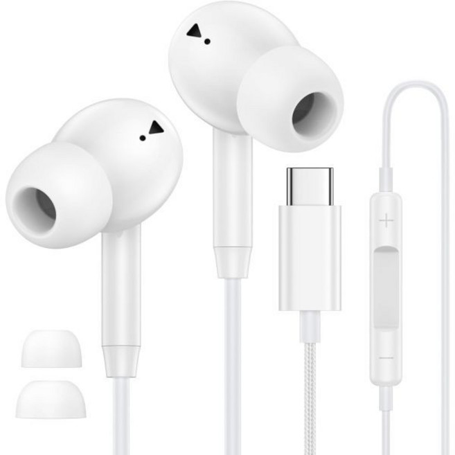iPhone 17 16 Pro Max 16e Plus 16Pro 15 15Pro 15용 USB C 유선 이어버드 USBC 인이어 헤드폰 Type 이어폰 헤드셋 (삼성전자용 마이, White, 1개, 흰색