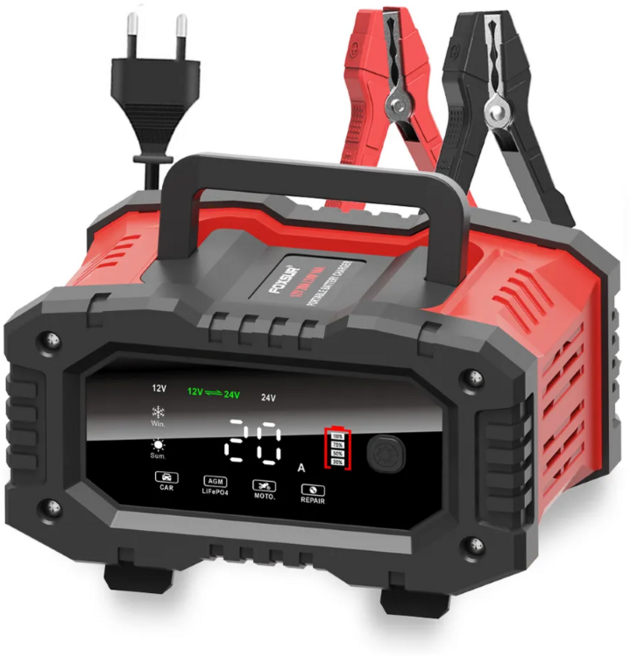 밸류킹 FOXSUR 퍽셔 4세대 자동차 오토바이 배터리 충전기 복원 재생 12V 20A 24V 10A 빨강, 19cm, 1개