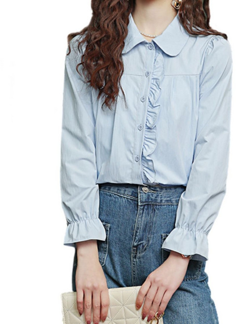 Makone 여성 카라넥 긴팔 블라우스 앞단 프릴 패츠 포인트 캐주얼 셔츠