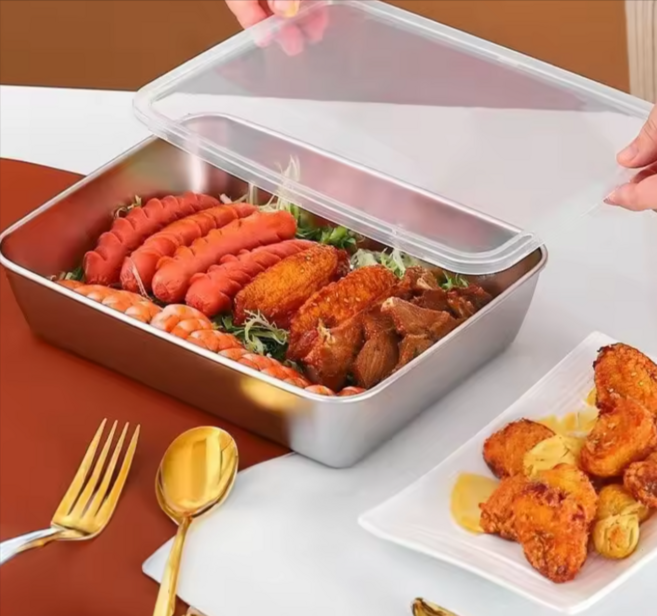 스테인레스 사각 보관용기 (뚜껑포함) 직사각 트레이 냉장 보관 용기 (스텐 밀폐 용기), 1개, 스틸