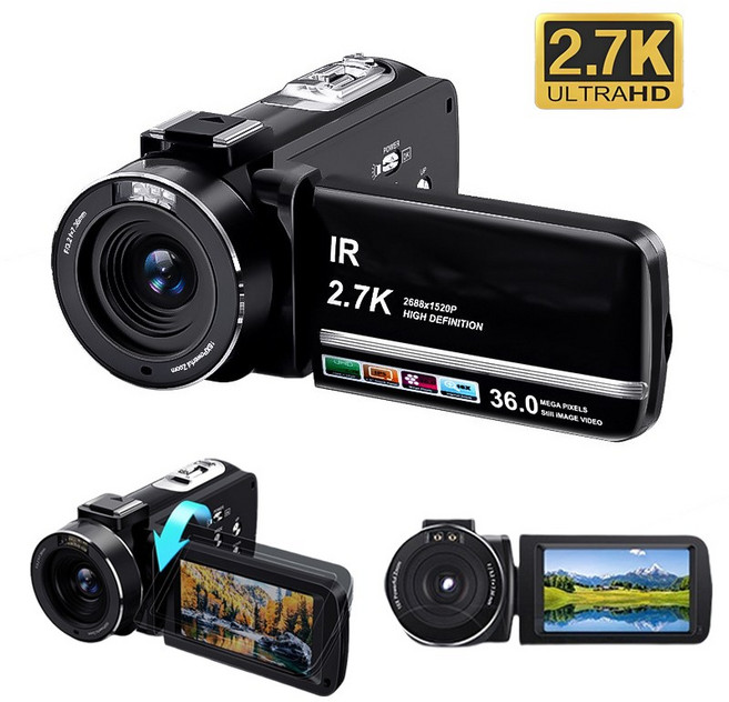 EMITAIM 2.7K 고화질 DV 비디오 레코더 비디오 캠코더 회전 스크린 디지털 줌16x 적외선 야시 이동탐지 디지털 카메라, HD2.7Pro